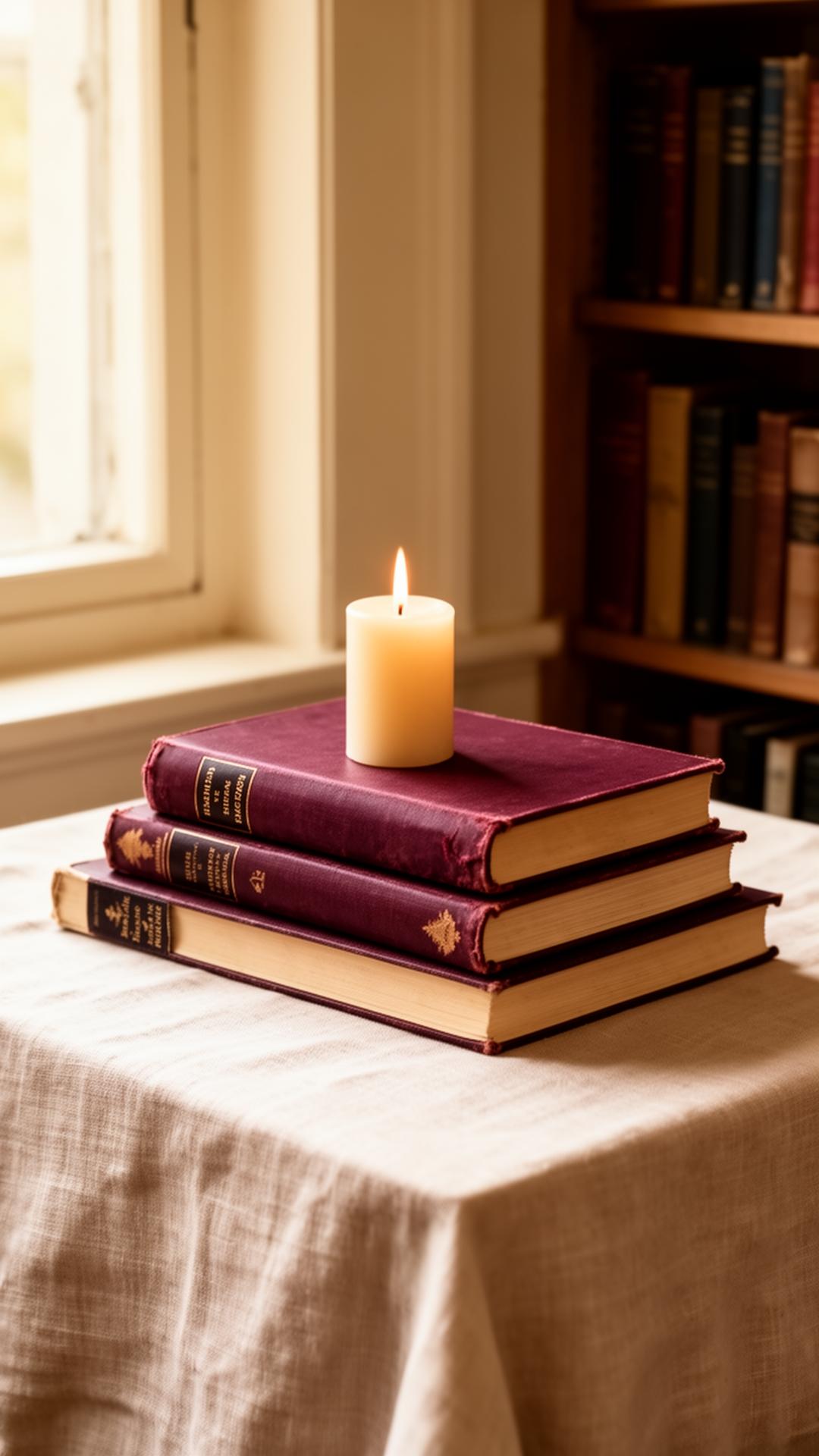 Livros encadernados e vela acesa à luz da janela