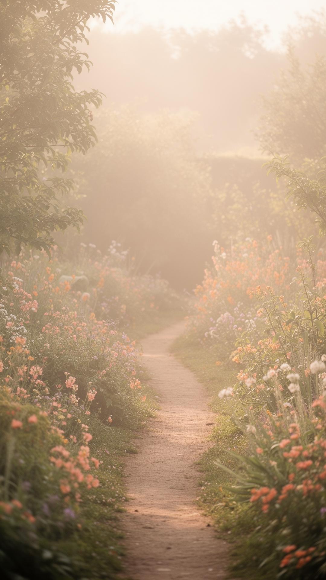 Caminho ao amanhecer com leve neblina